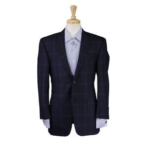 Hickey Freeman Navy Blue Windowpane Wool Silk 2-Btn Sportcoat Blazer 38R
